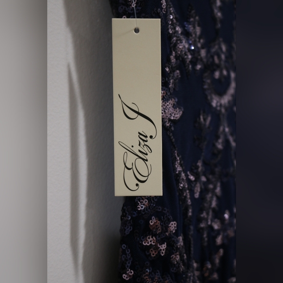 Eliza J Petite Feather-Trim Sequin Sheath Dress - Navy Pansy - Picture 9 of 11